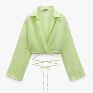 Zara Linen Cropped Wrap Top Lime Long Sleeve Womens XS Relaxed Fit Tie Waist